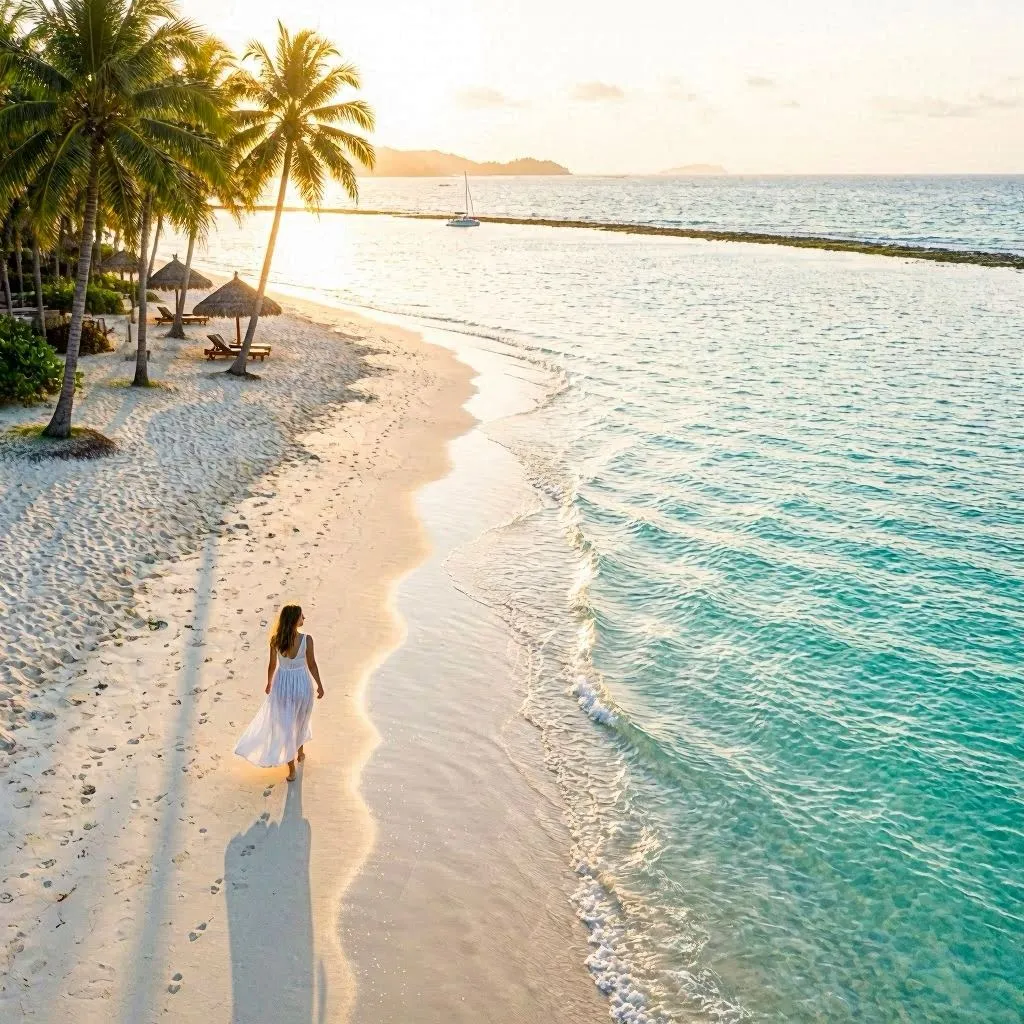 Elegant woman wearing wide-brim straw hat on tropical beach, golden hour sunlight