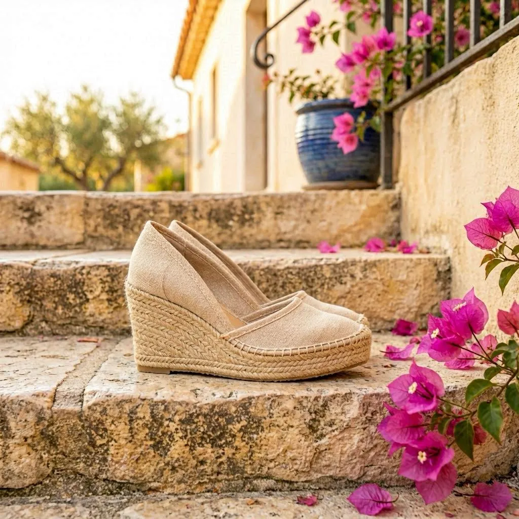 Close-up of tan espadrille wedge sandals on tropical beach sand