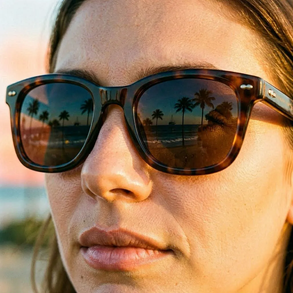 Woman wearing large oversized sunglasses with ocean reflection in lenses