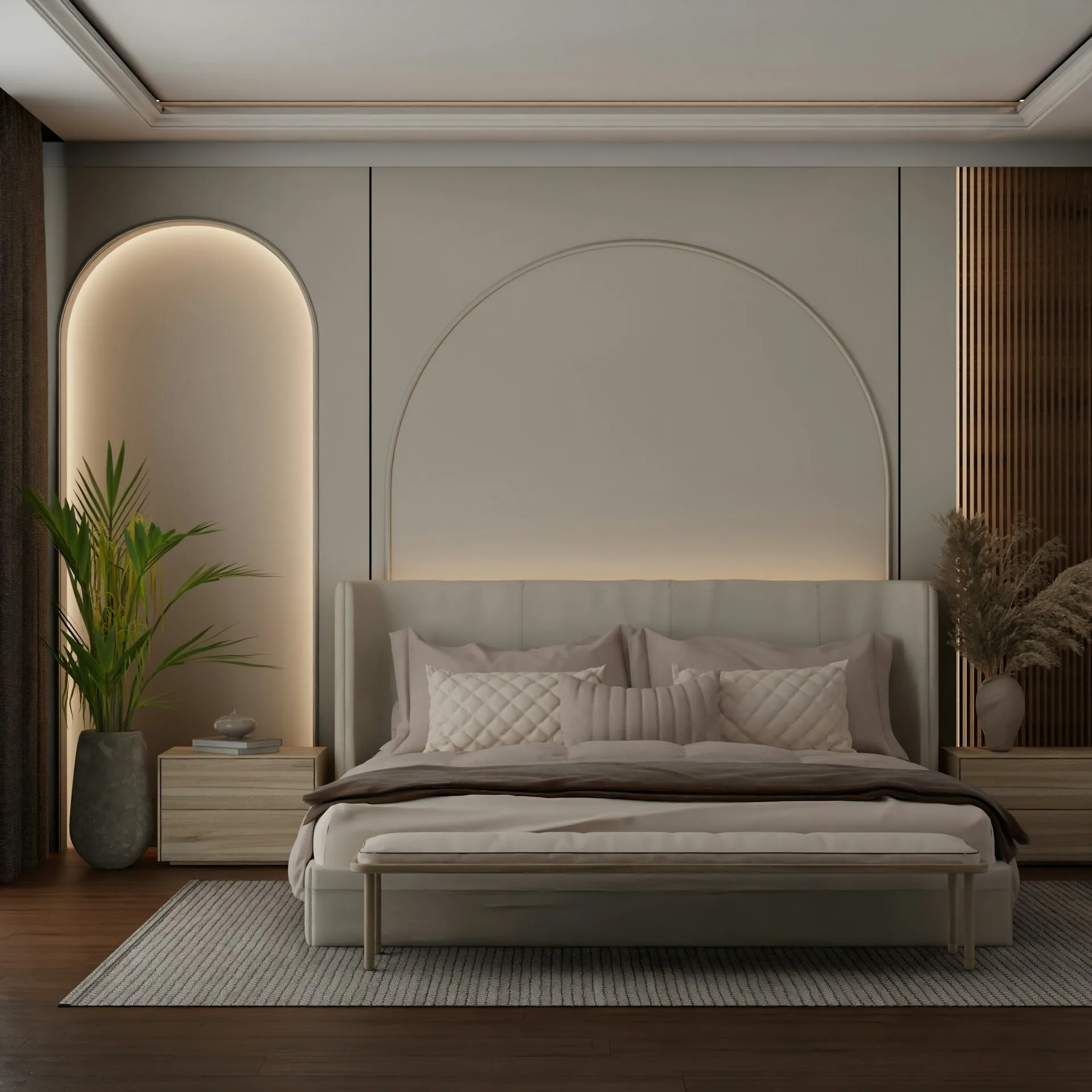 LED strip lights installed along a bedroom headboard