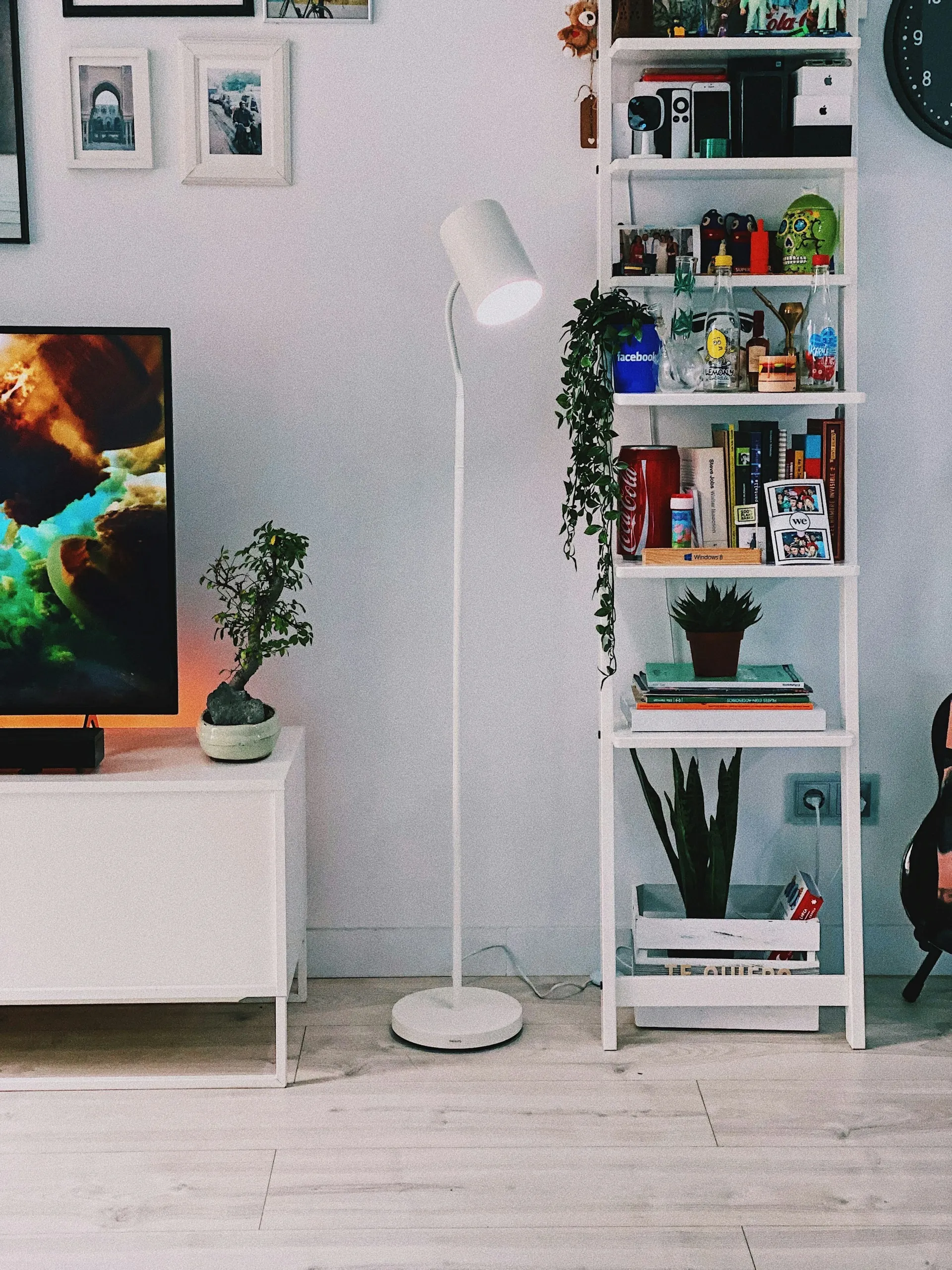 Smart RGB corner floor lamp illuminating a living room corner