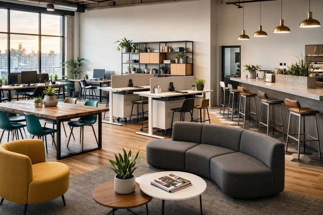Asymmetrical creative workspace with varied desk clusters