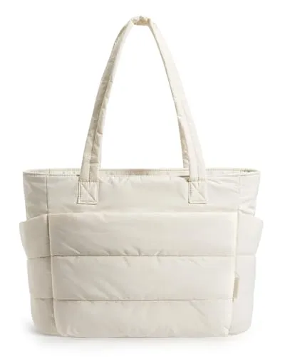 BAGSMART Puffy Tote — worn as a shoulder bag, showing scale