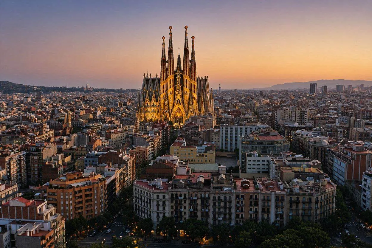 The basilica emerging above Barcelona's Eixample district