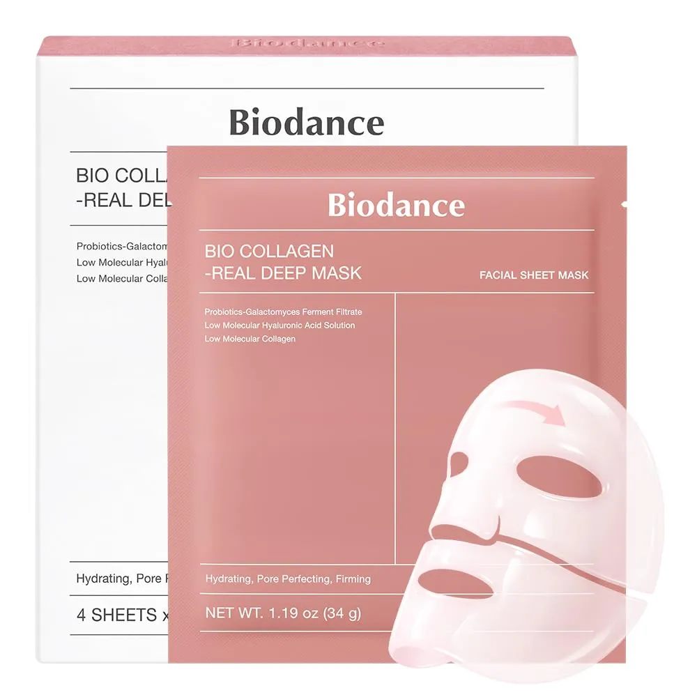 BIODANCE Bio-Collagen Real Deep Mask — packaging and four hydrogel mask sheets