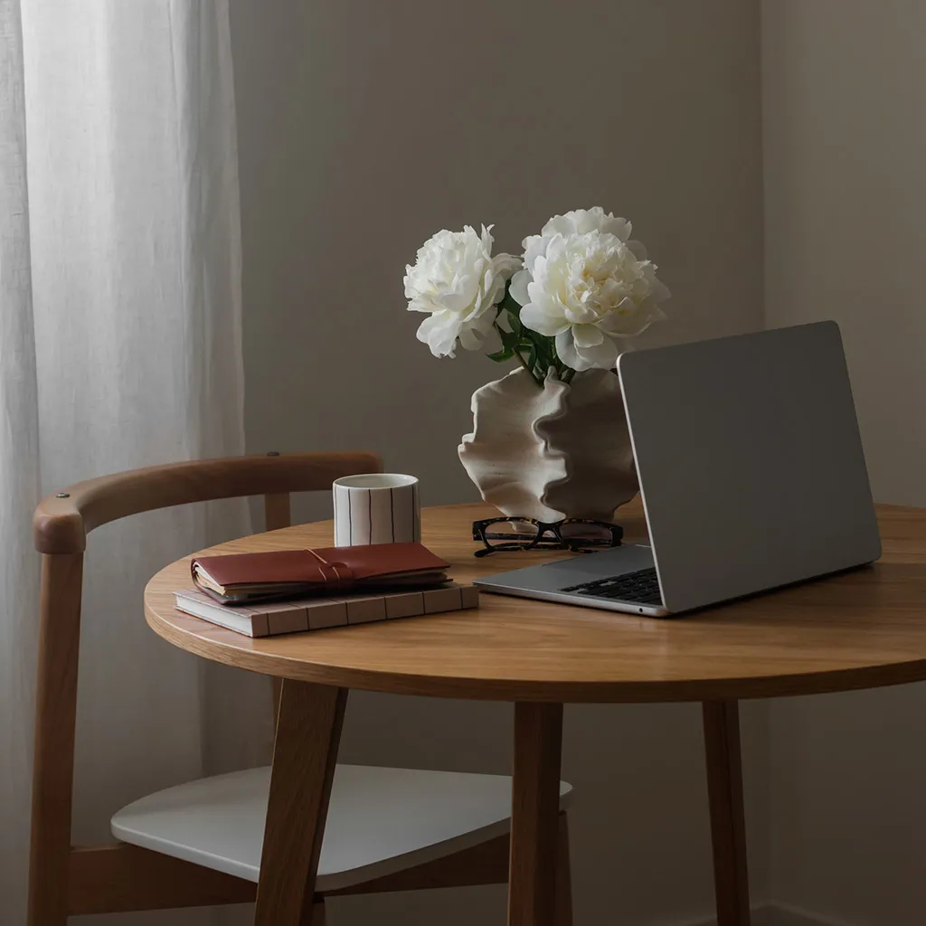Dark wood furniture pieces complementing the coffee palette