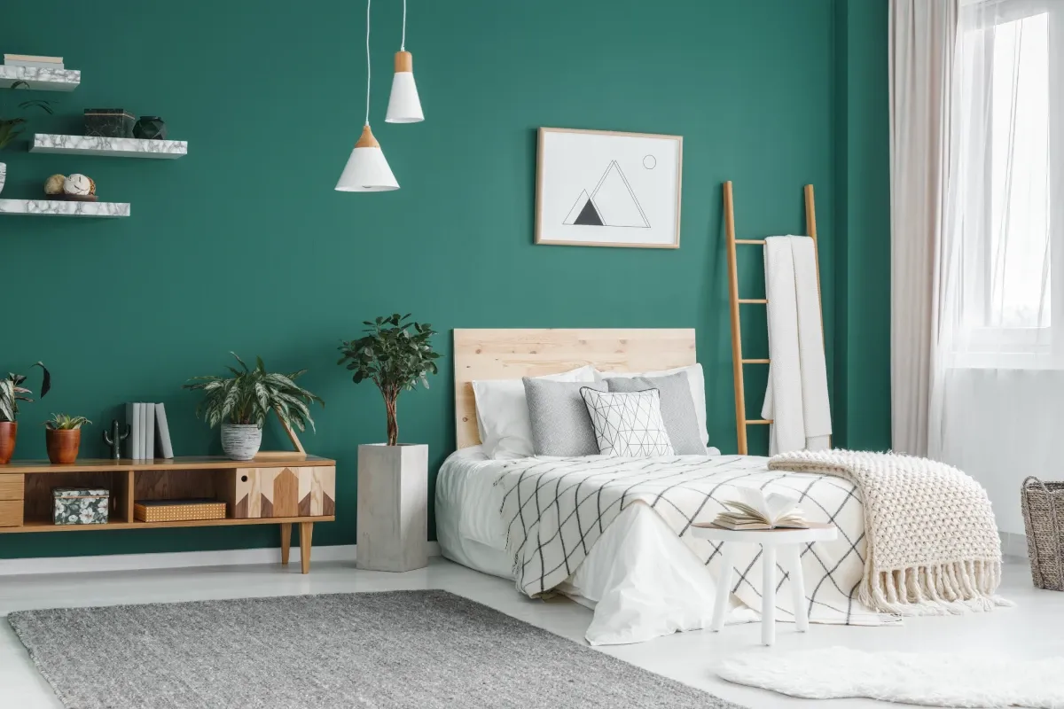 Grey interior contrasted with green accents