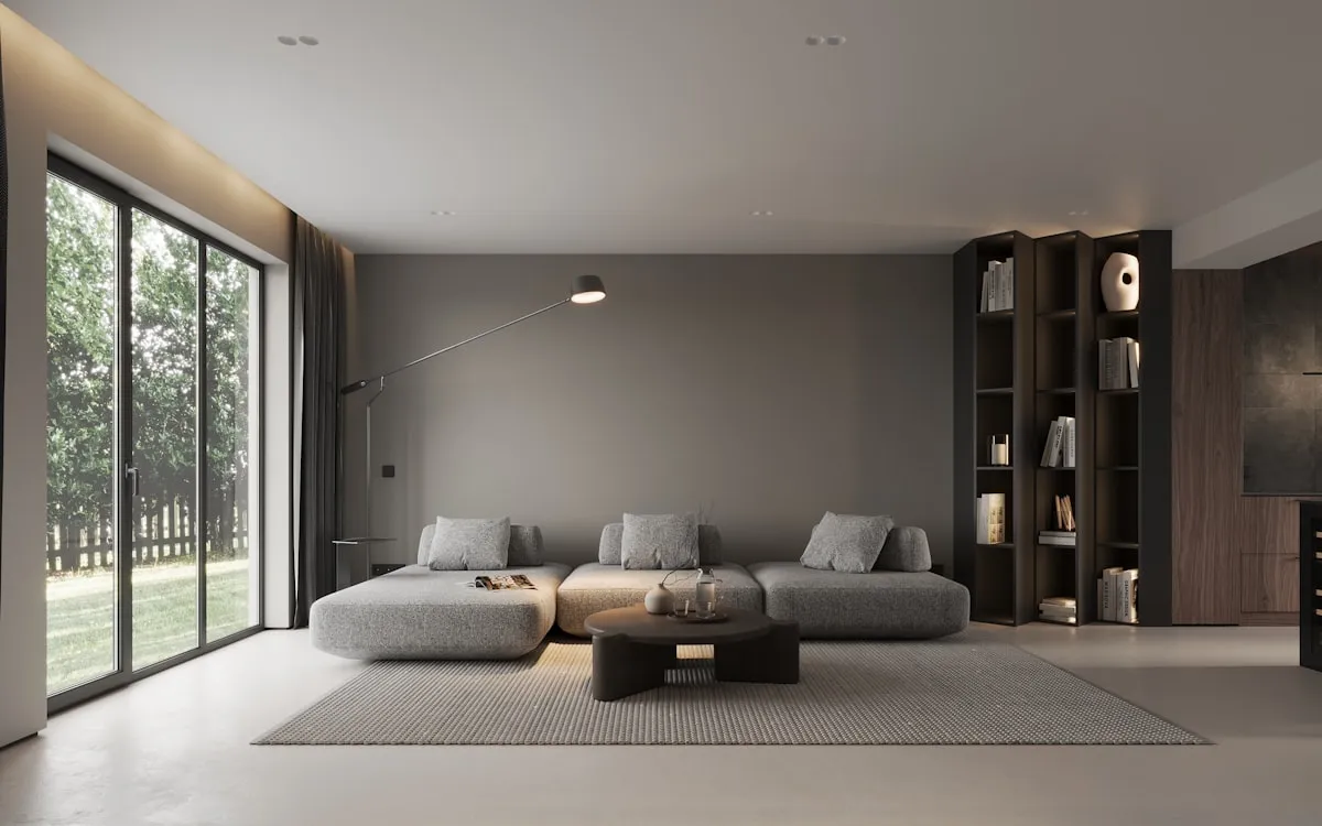 Modern living room with deep espresso brown walls and organic furniture