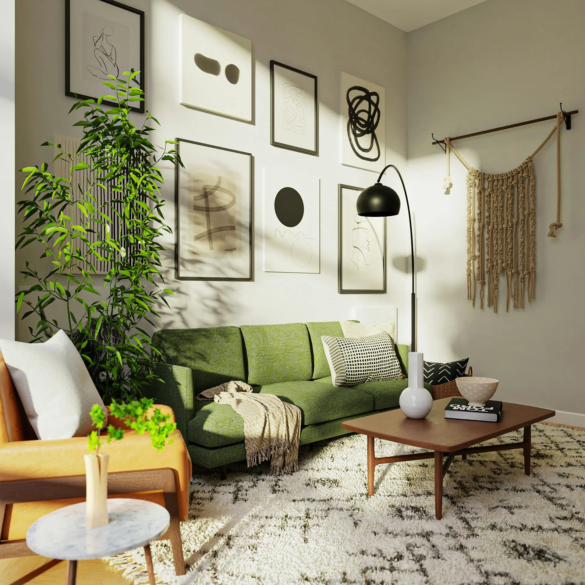 Modern luxury living room with olive green walls and organic textures