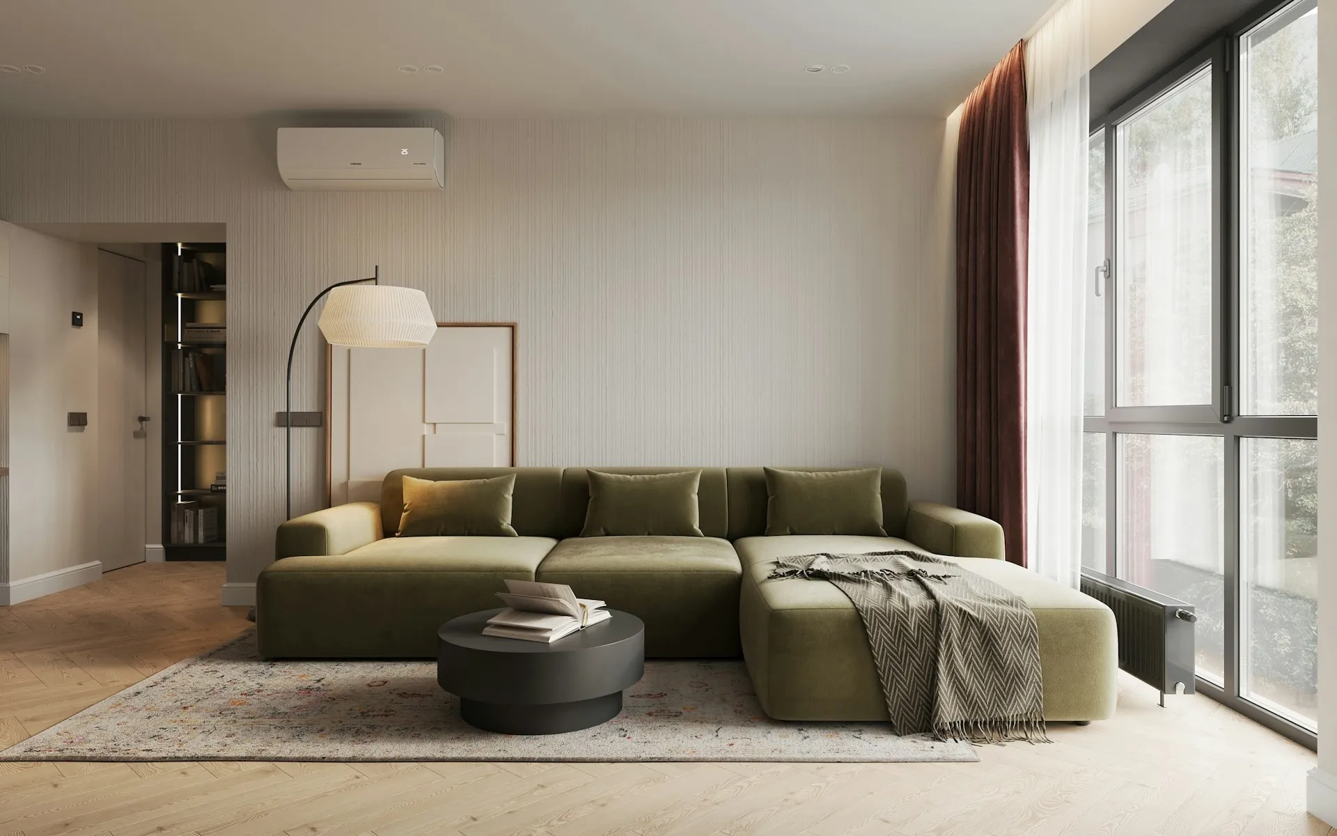 Modern living space with terracotta accents and olive green furniture