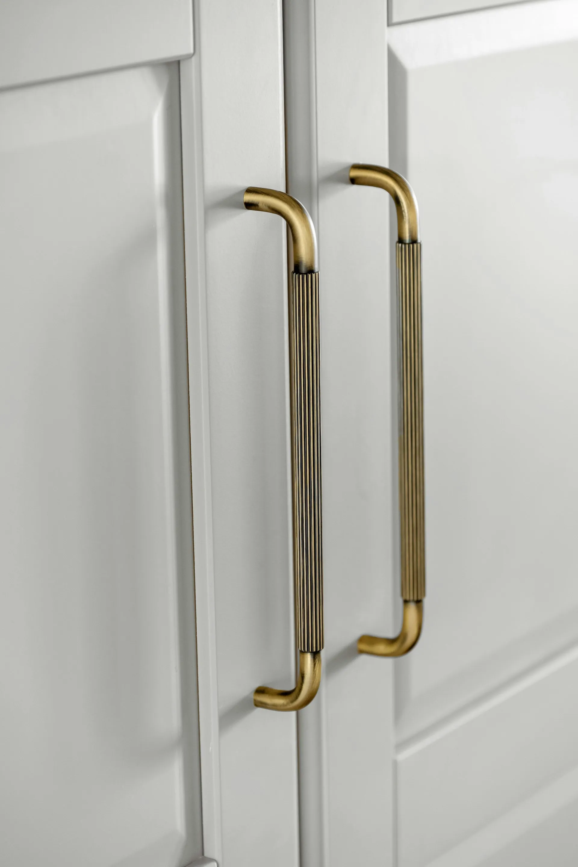 Aged brass fixtures and hardware on a natural green background