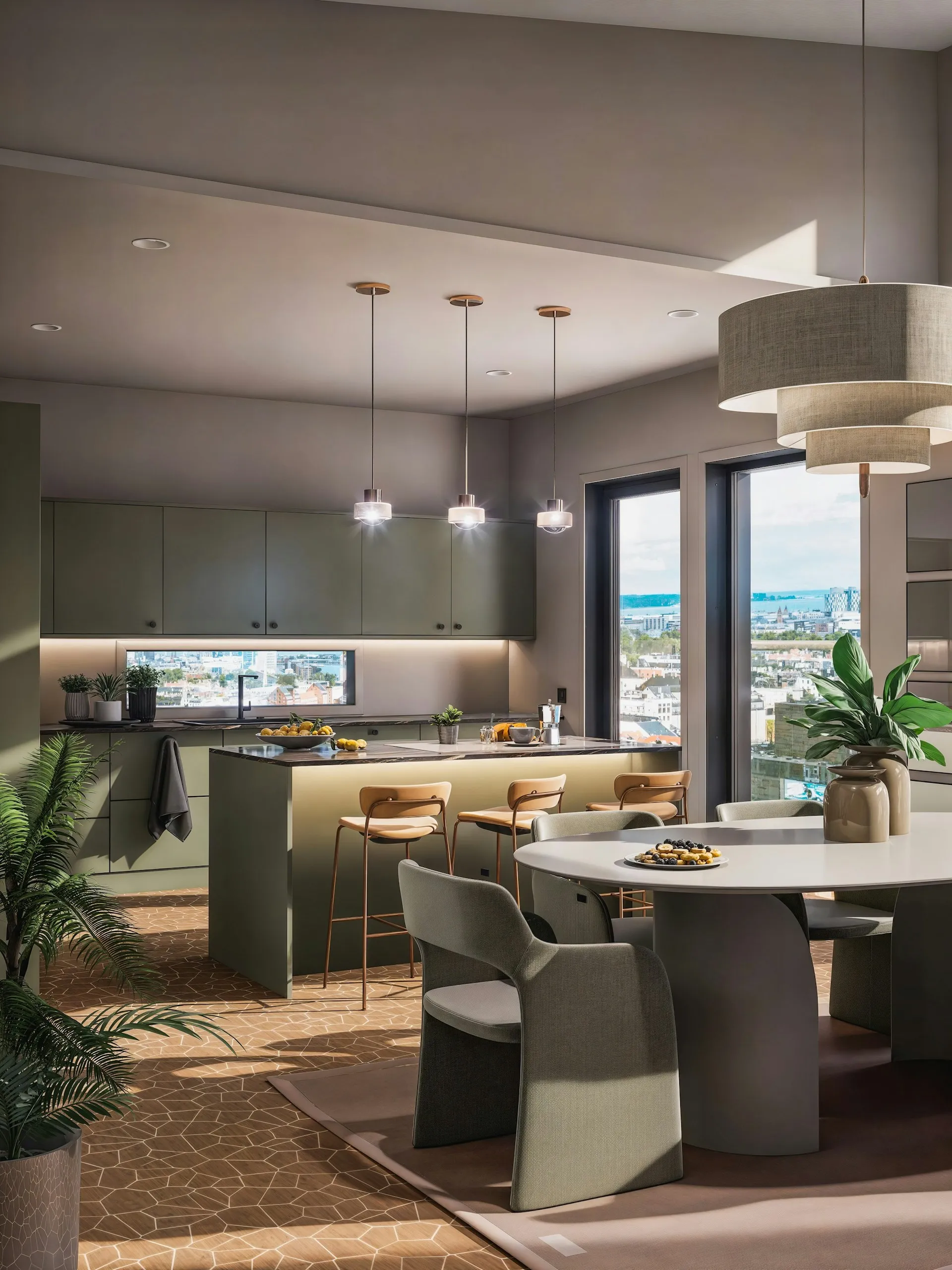 Luxury residential kitchen with deep olive cabinets and brass hardware