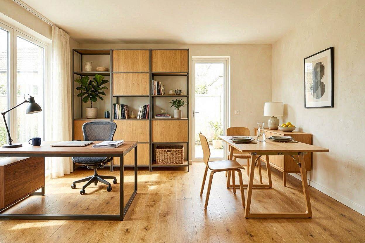Interior with handcrafted ceramic vase and custom art piece on shelf