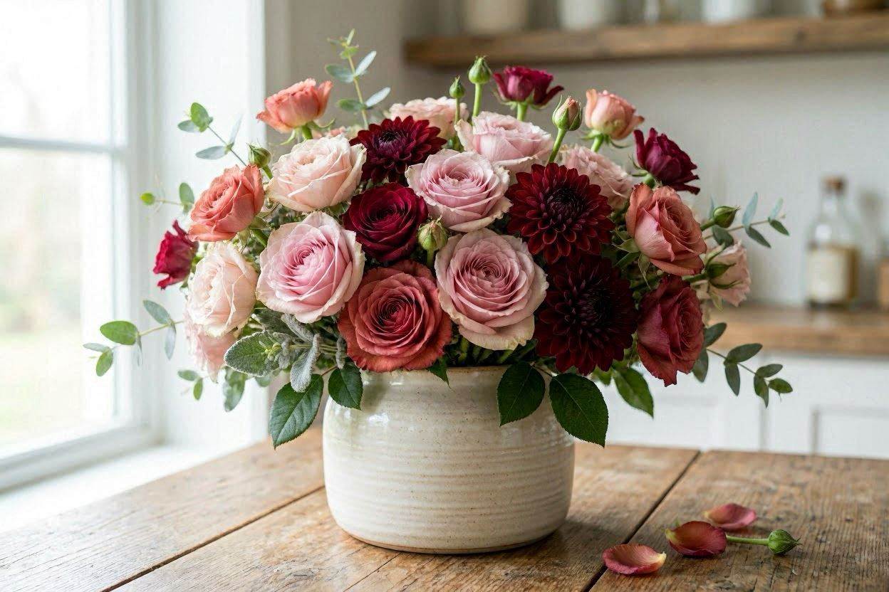 Structured cascading bouquet with architectural lines, asymmetrical design