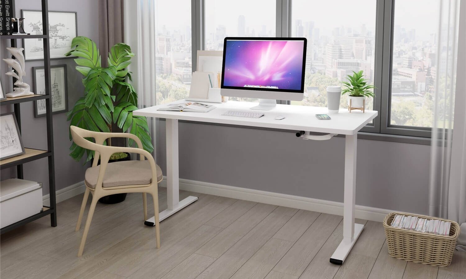 Standing desk with height adjustment in a bright home office