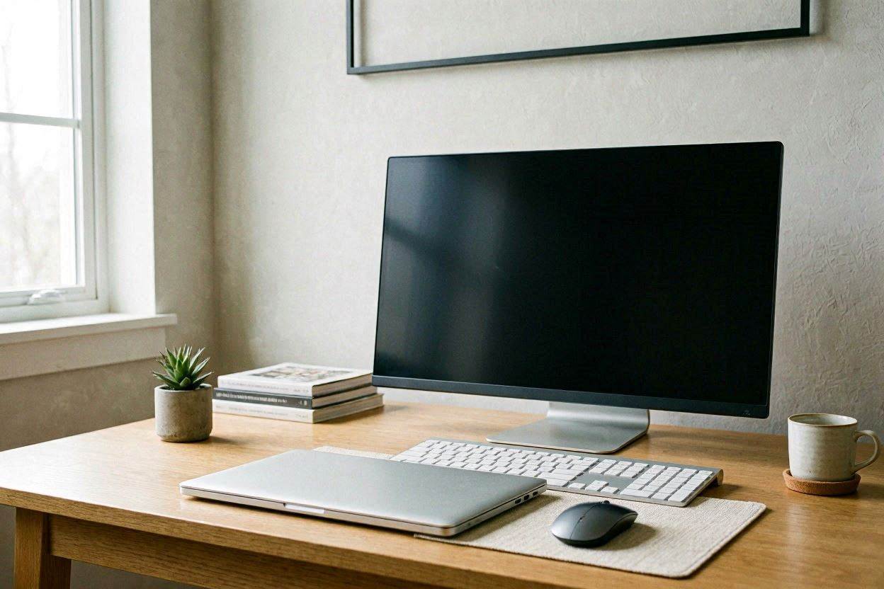 Wall-mounted fold-down desk in studio apartment corner