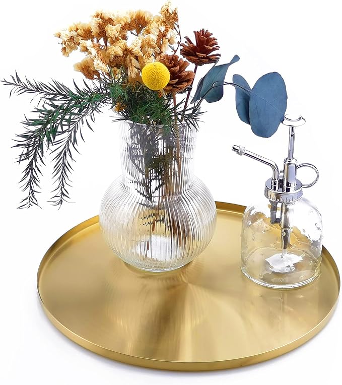 Brushed gold round metal decorative tray