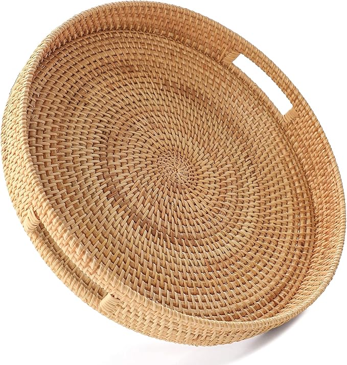 Hand-woven rattan serving tray with handles