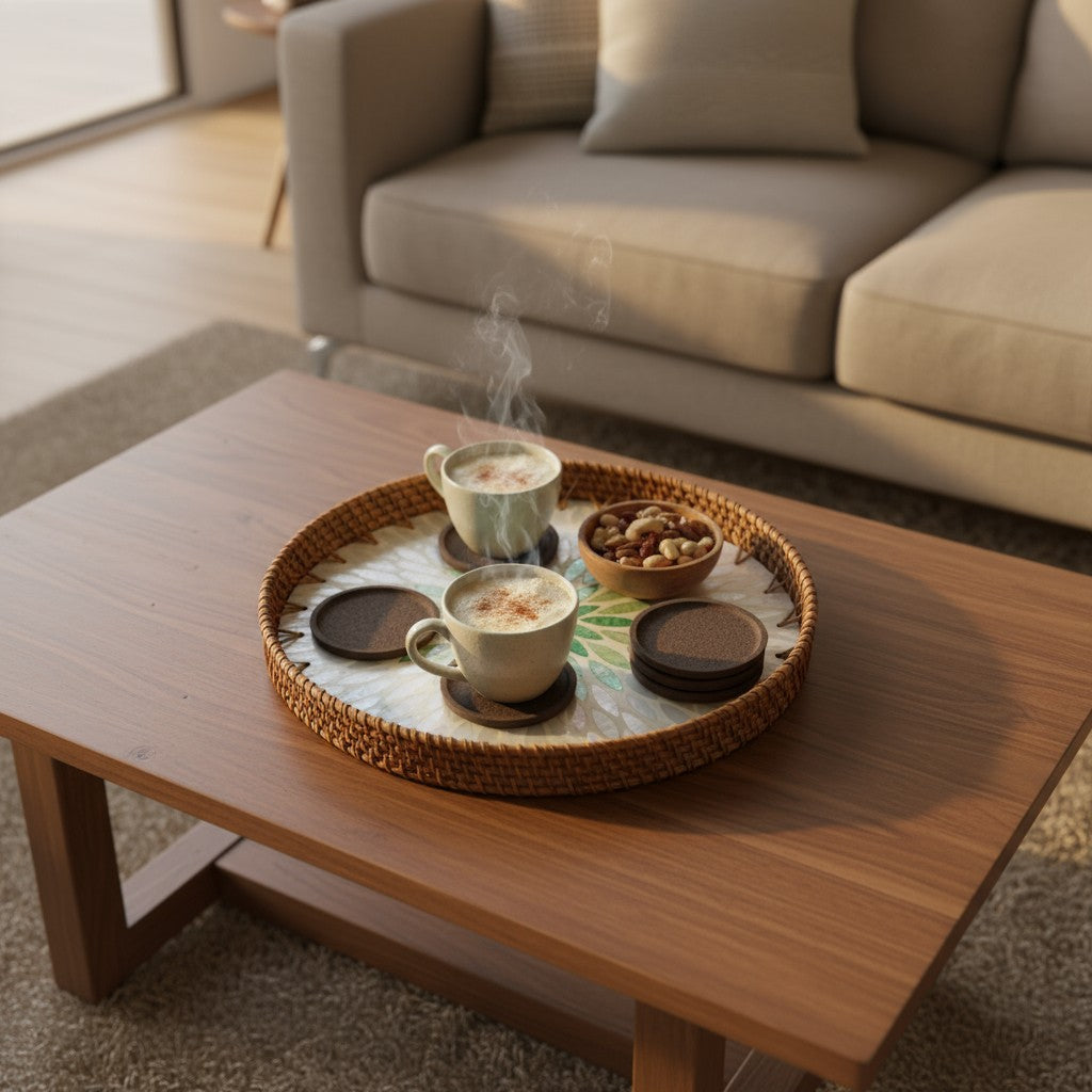 Tree of Life round decorative tray on a centre table with plant, candle and bowl