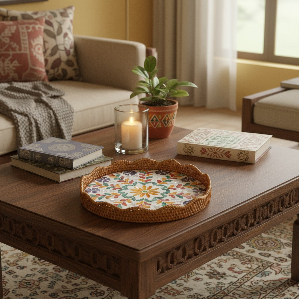 Round mother-of-pearl decorative tray styled on a coffee table with books, candle and plant