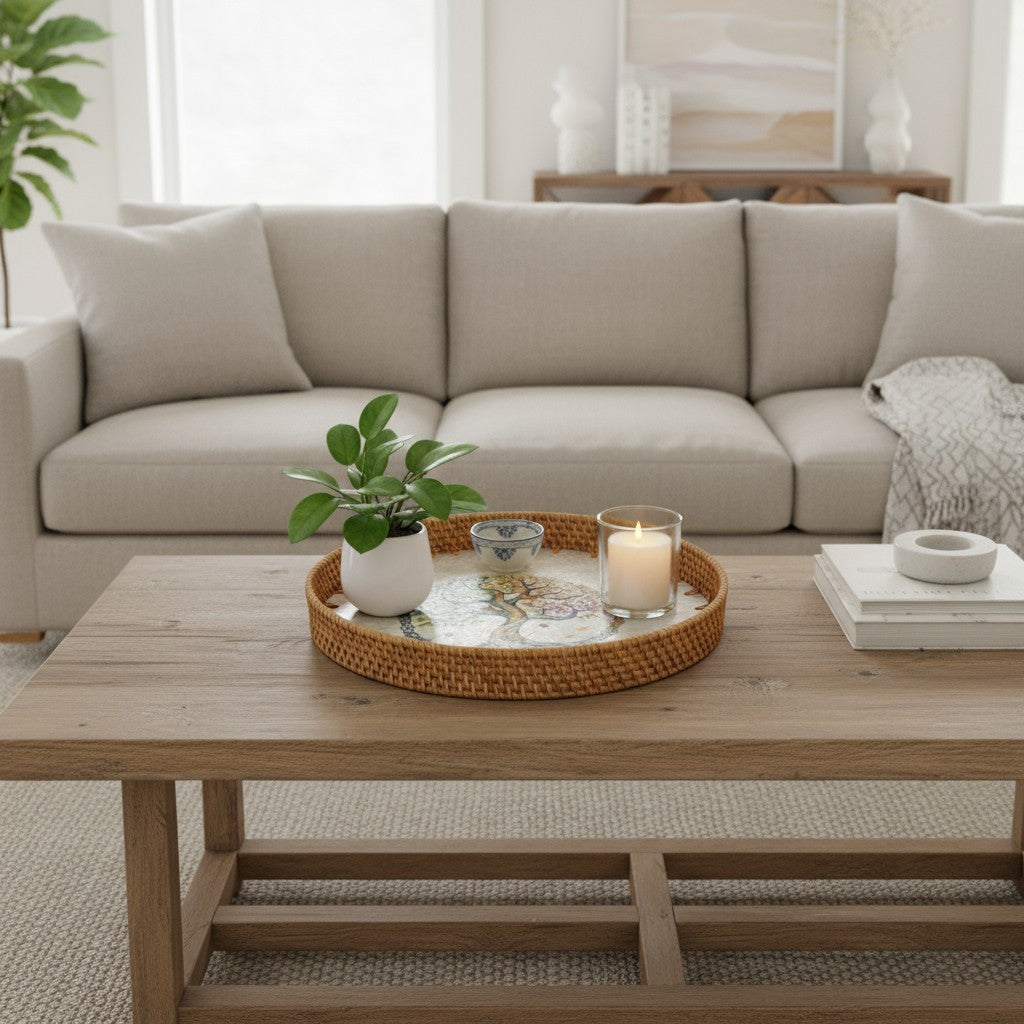 Rectangular decorative tray as a dining table centrepiece with condiments and a vase