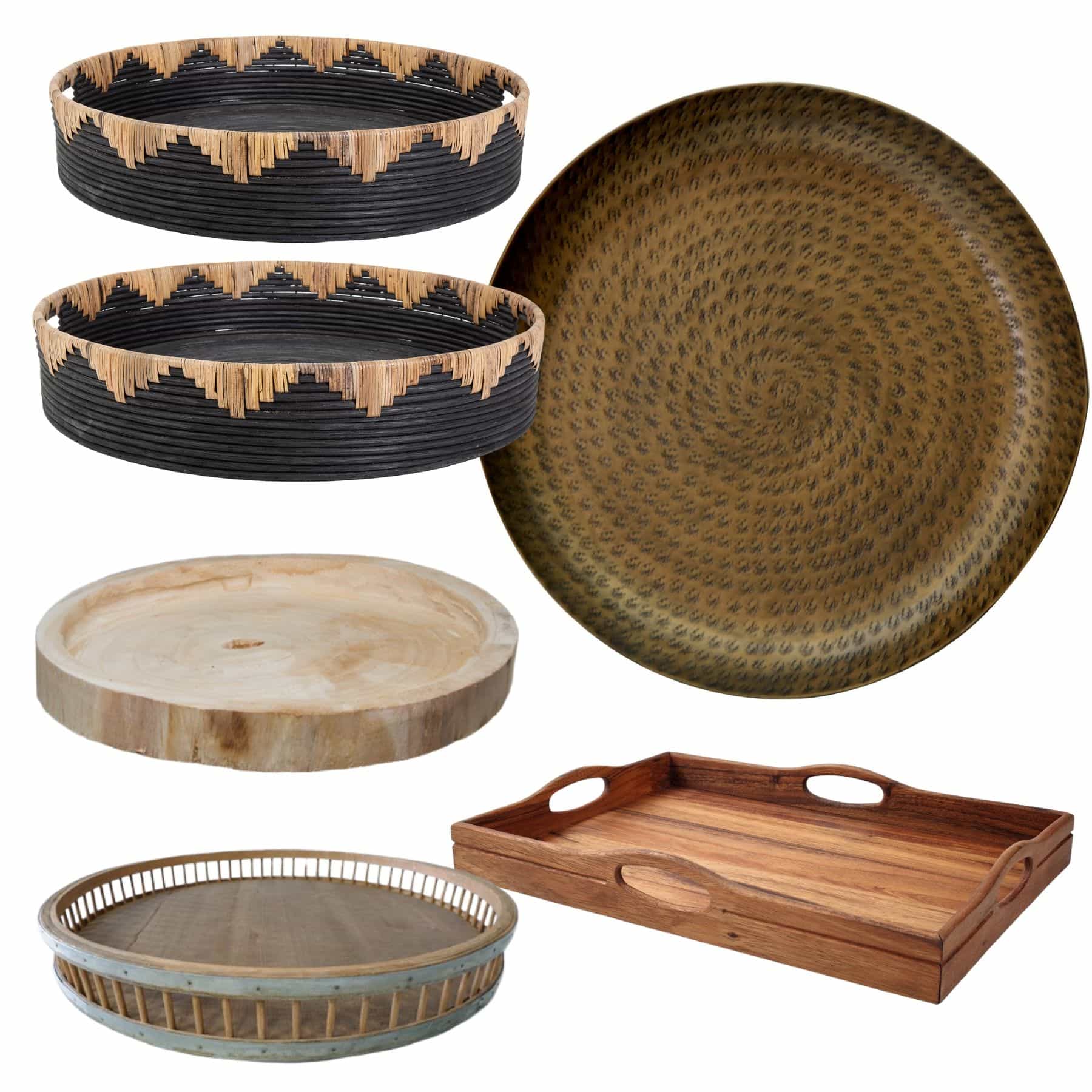 Global eclectic decorative trays in rattan, brass and natural wood