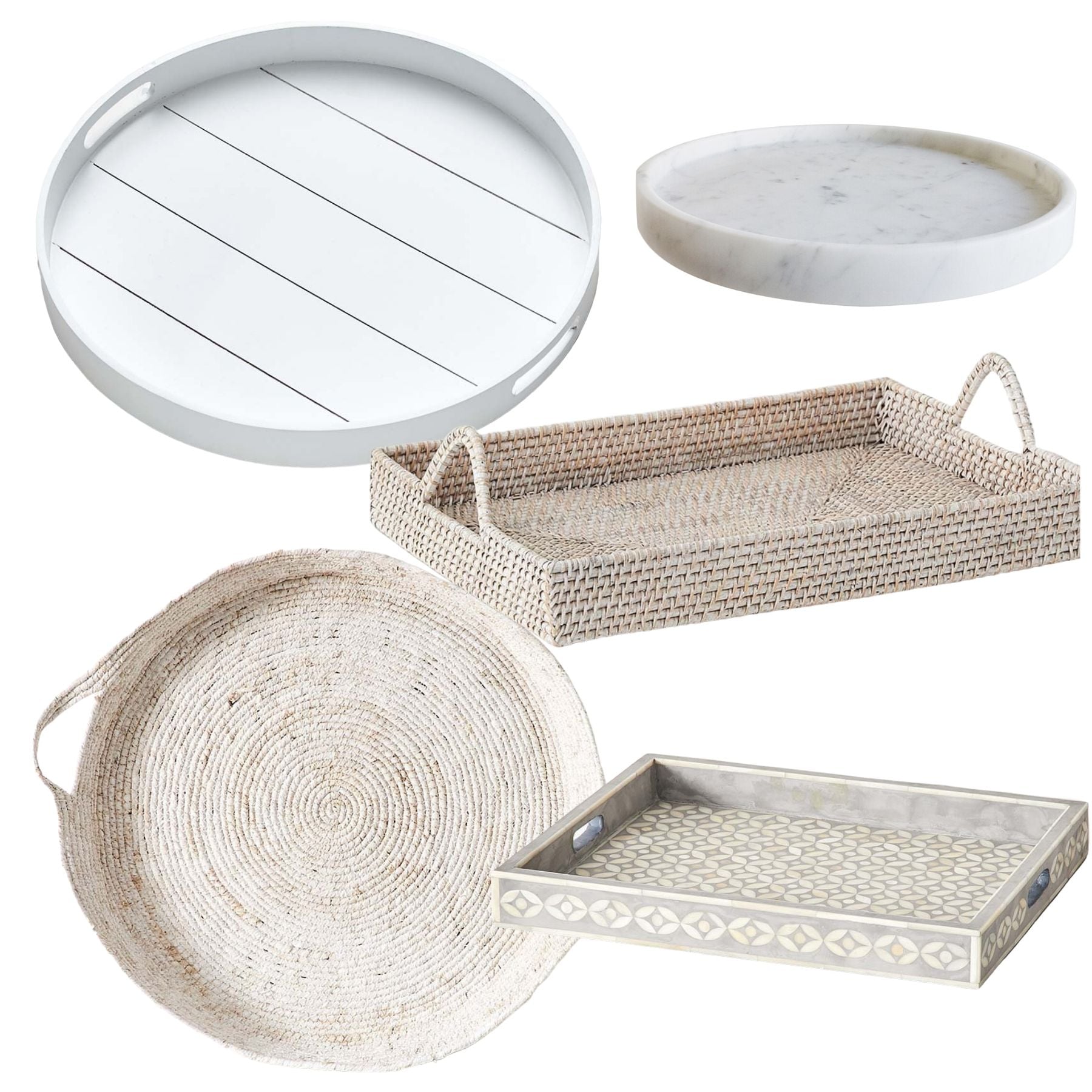 White and natural Hamptons-style decorative trays