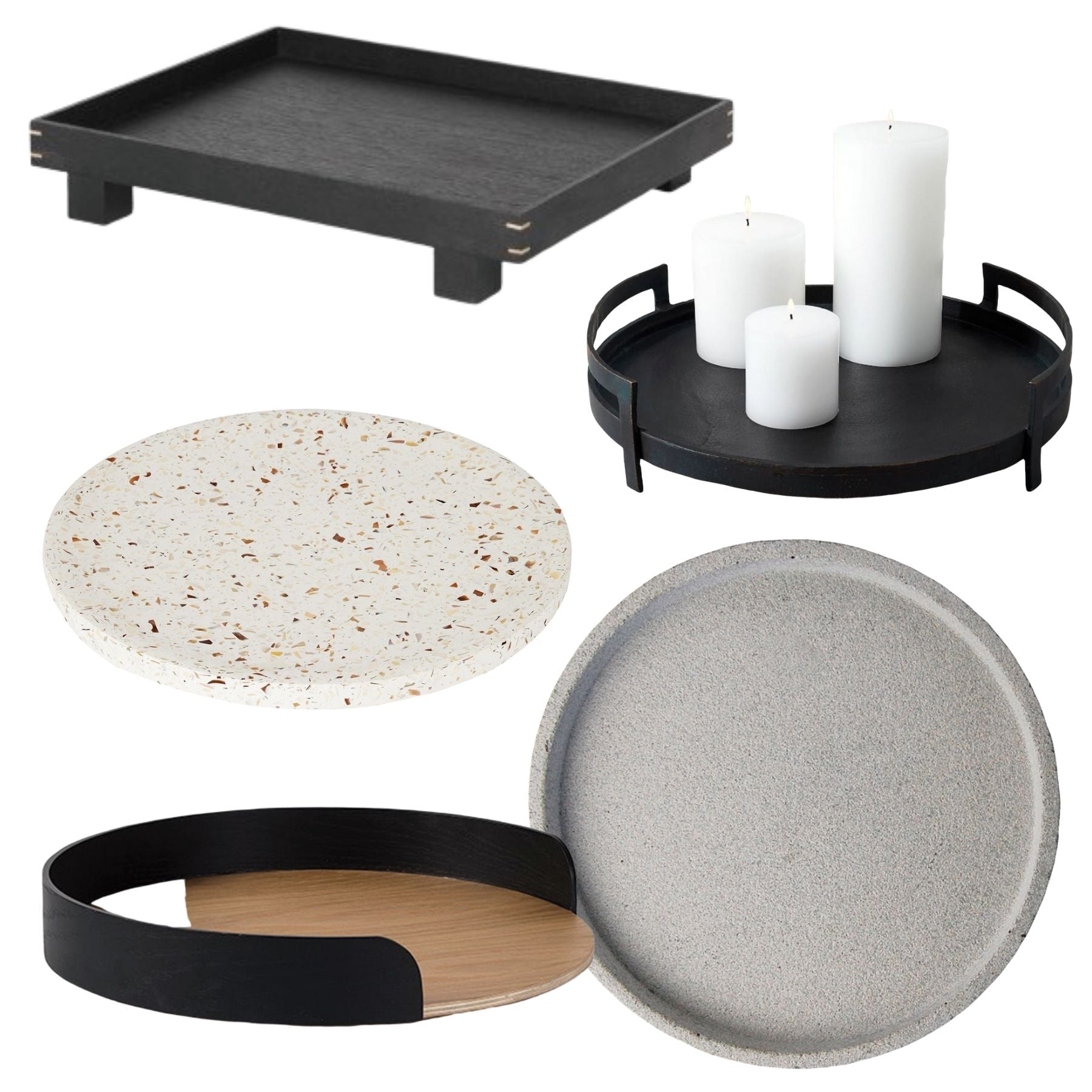 Modern contemporary decorative trays in concrete, terrazzo and dark timber