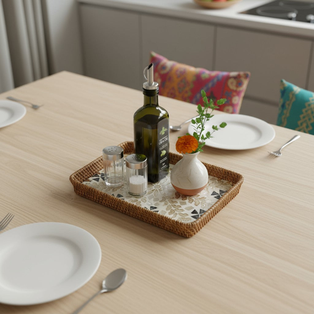 Rattan tray with chai cups, snacks and coasters on a coffee table