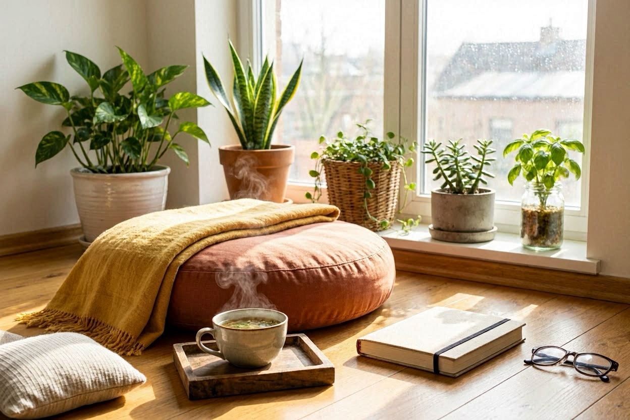 Morning wellness routine, meditation cushion, journal, herbal tea