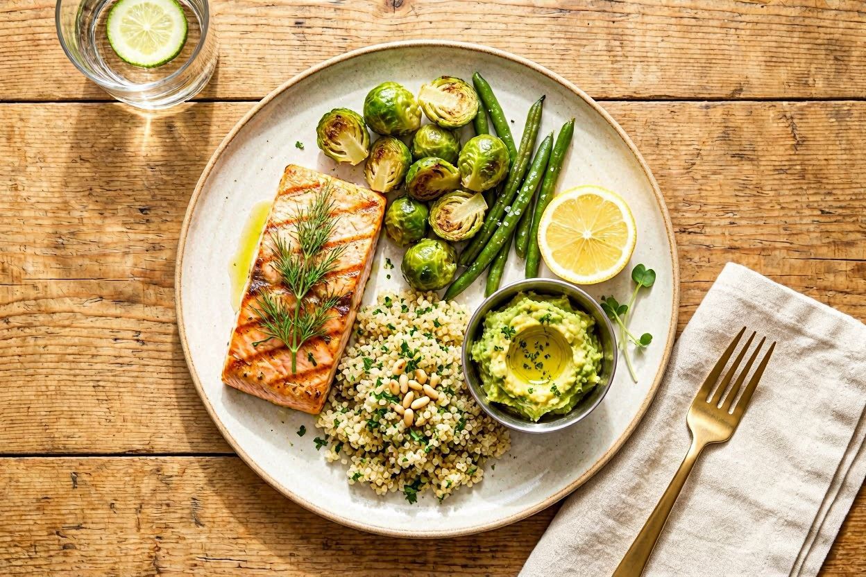 Balanced meal plate with protein, vegetables, whole grains, healthy fats