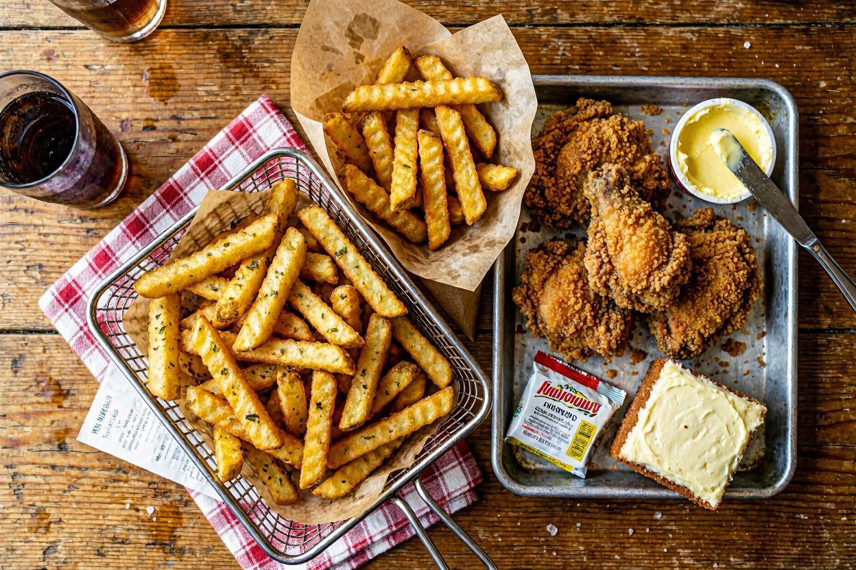 Deep fried foods, french fries, fried chicken, trans fat sources