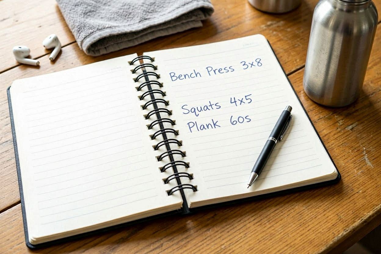 Open fitness journal with handwritten workout log