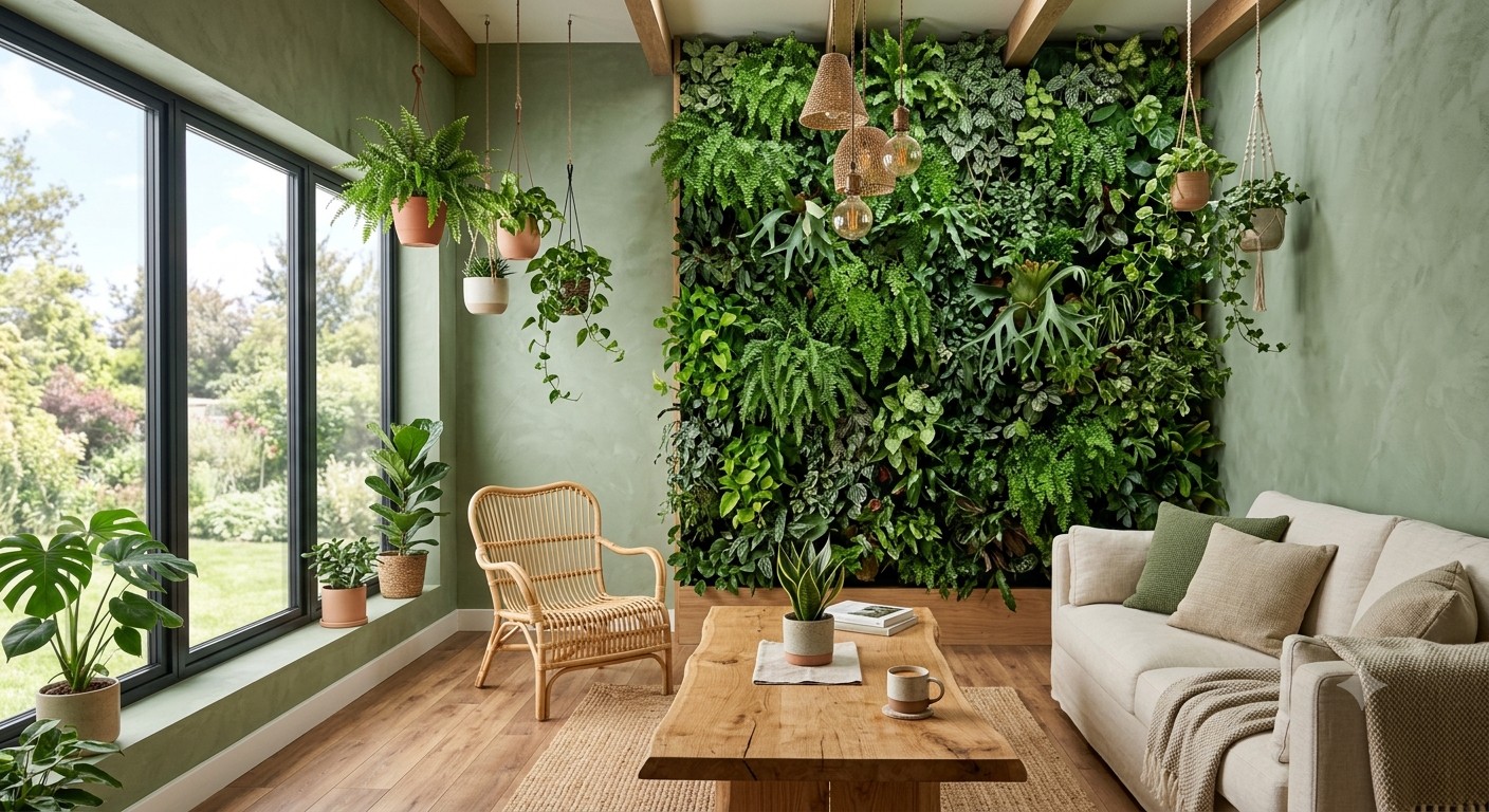 Biophilic design with living green wall and natural light