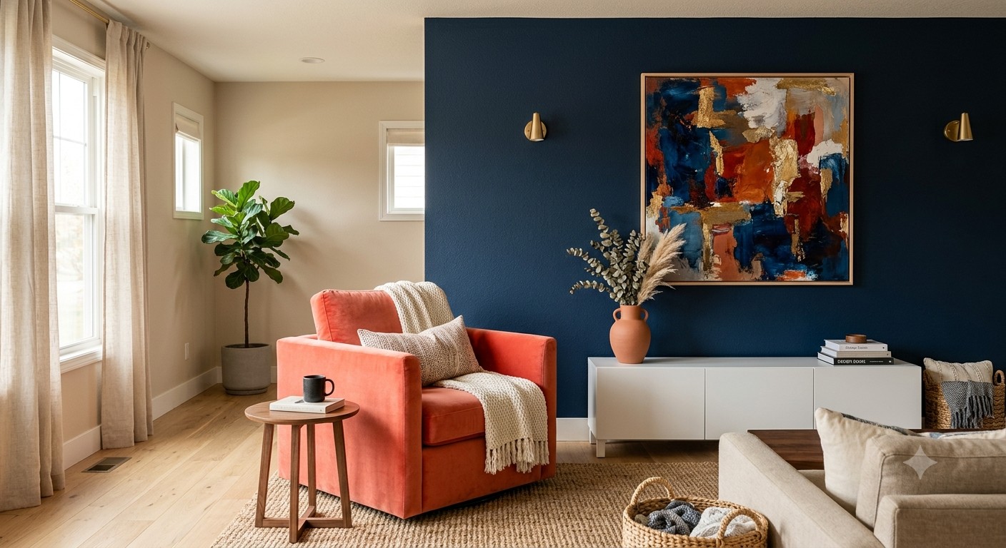 Vibrant accent chair and artwork against neutral room palette