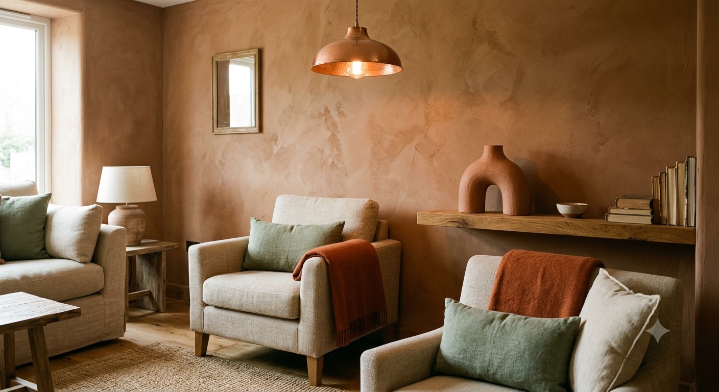 Warm earth-tone interior with terracotta accents
