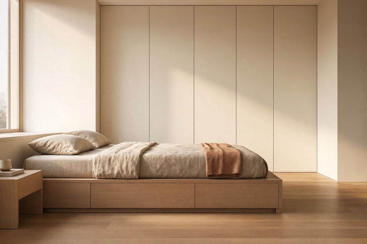 Minimalist bedroom with concealed built-in storage