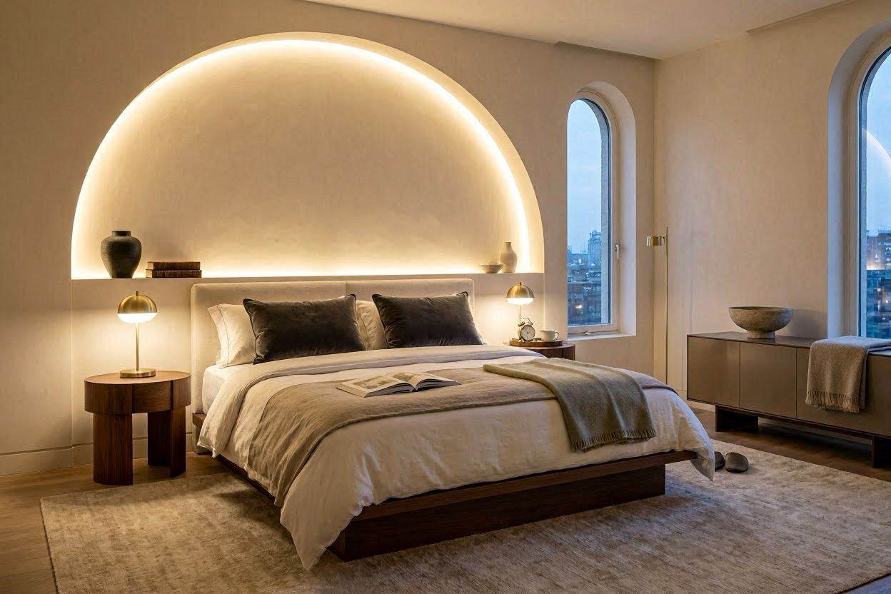 Arched gypsum alcoves framing a bedside in a luxury bedroom