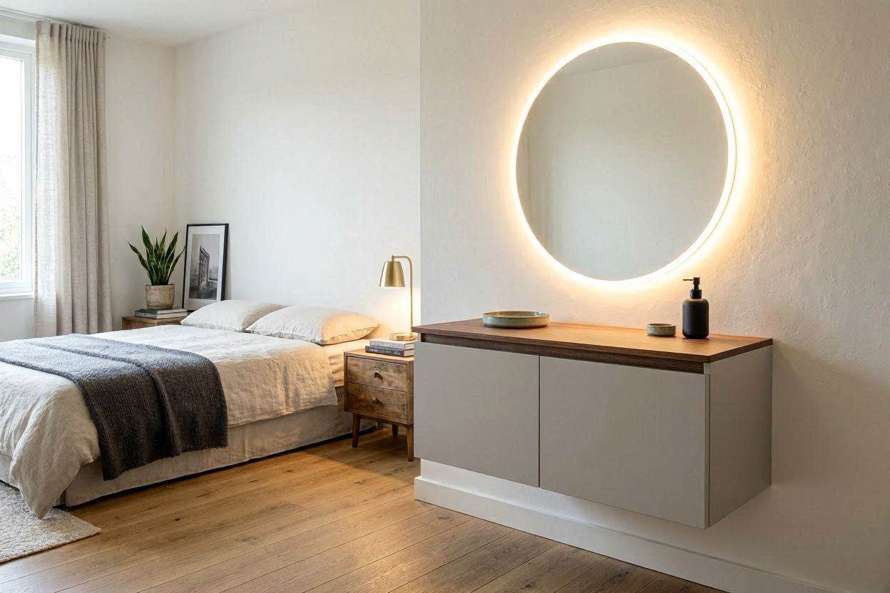 Minimalist white luxury bedroom with an illuminated wall mirror above a vanity