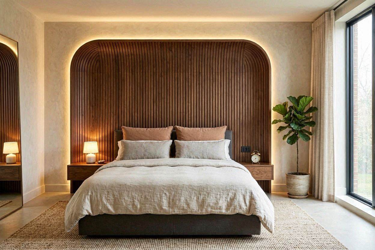 Asymmetrical headboard feature wall with reeded gypsum and wood paneling
