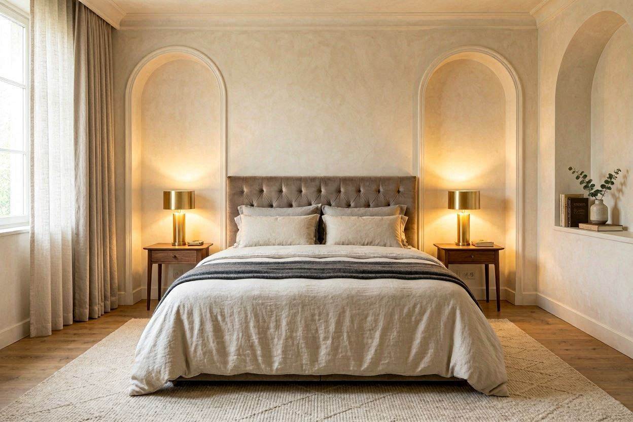 Nature-inspired luxury bedroom with wooden headboard and moss-green accents