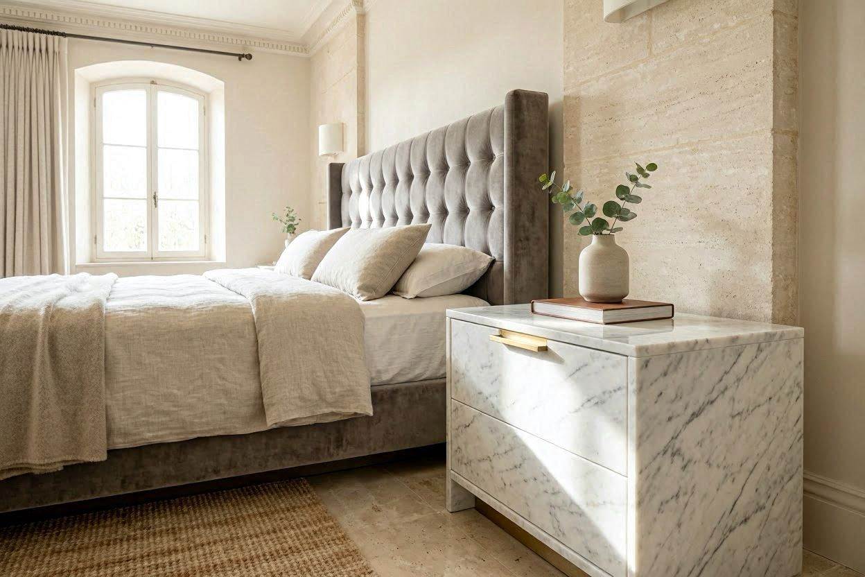 Greige luxury bedroom with a wall-mounted floating vanity unit