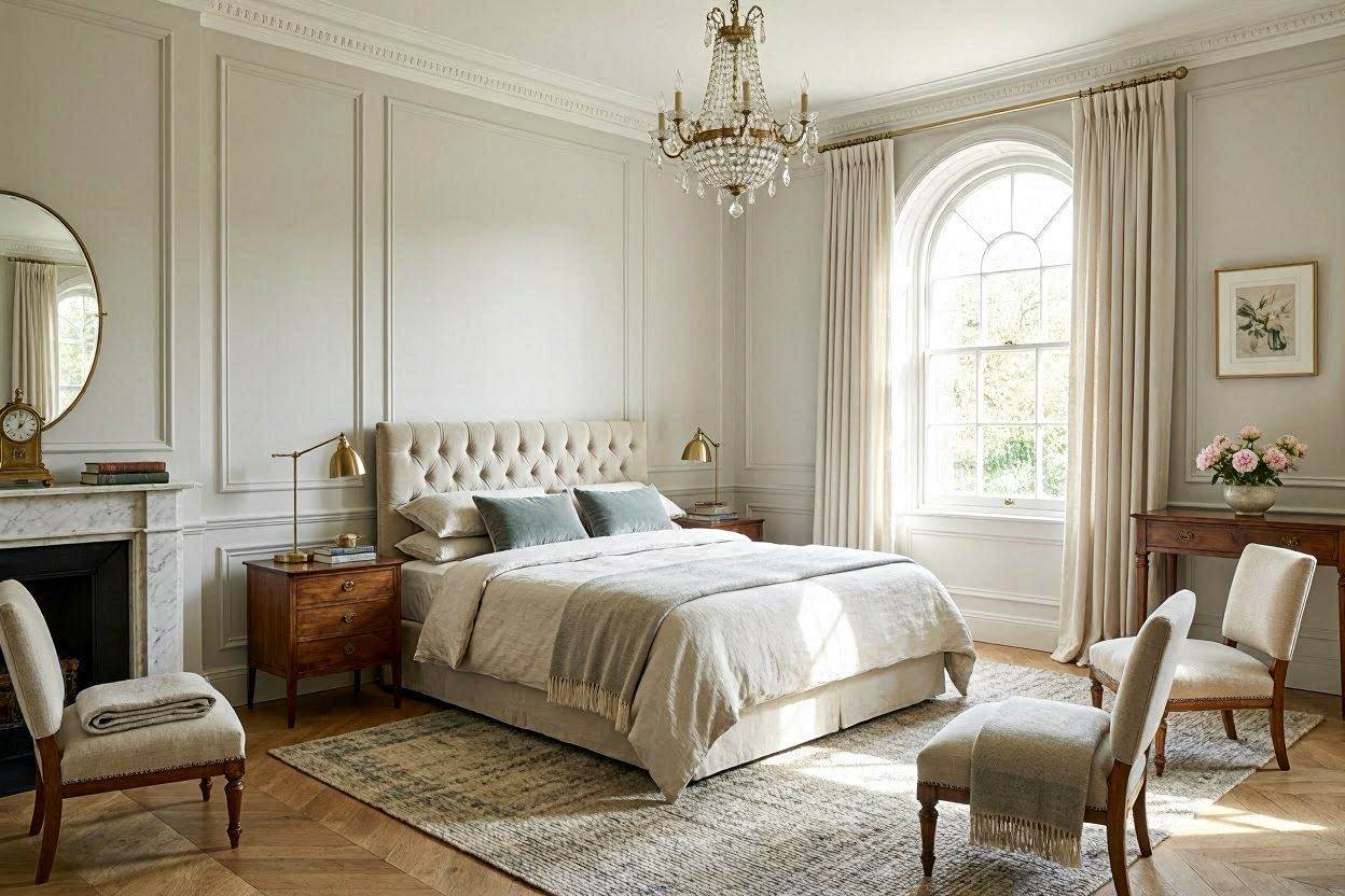 Luxury bedroom with a custom-length headboard spanning the full wall width
