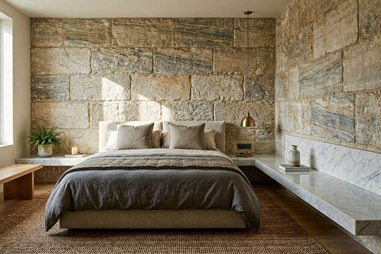 Luxury bedroom with layered lighting: chandelier duo, floor lamps, and LED ribbon