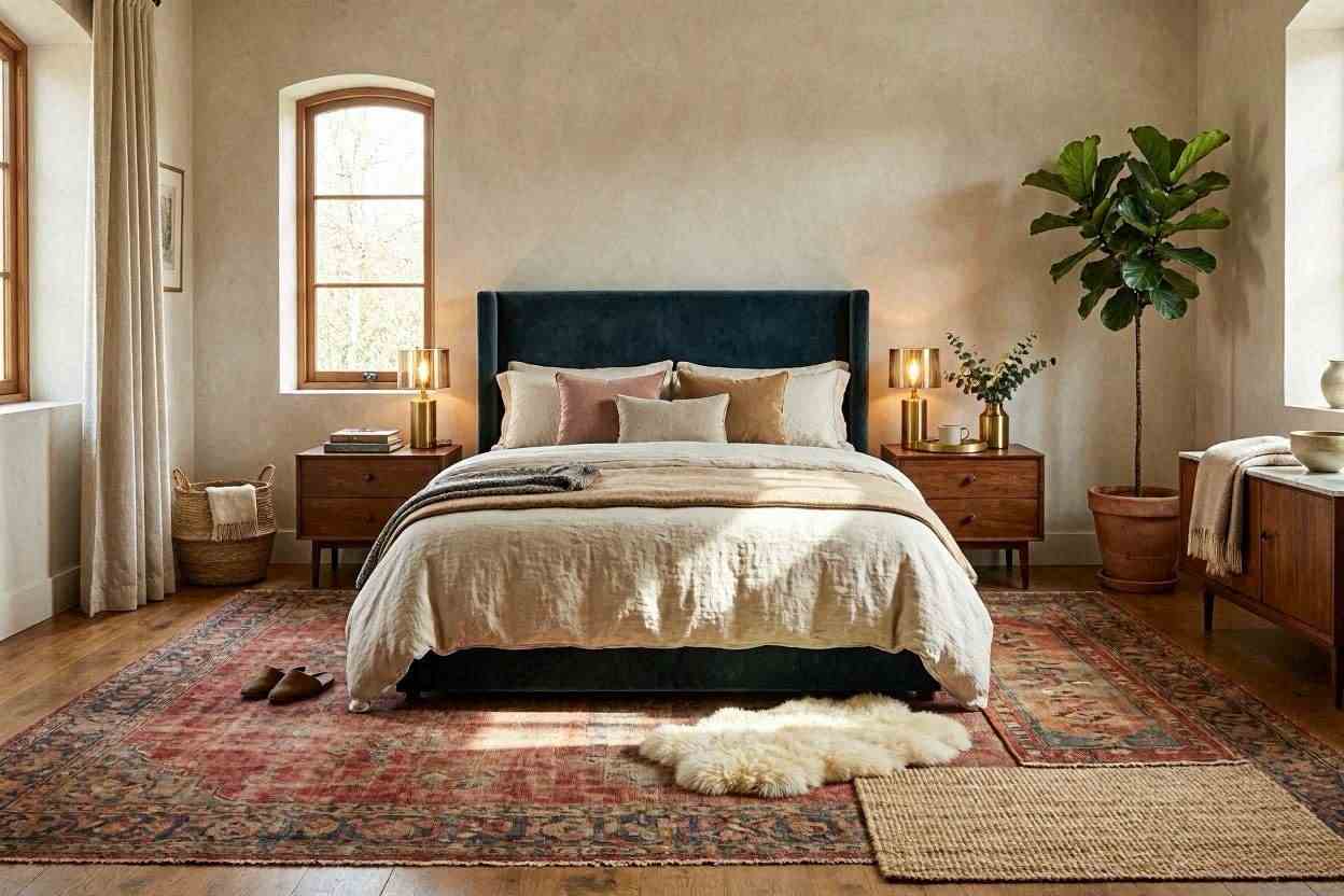 Luxury bedroom showing a carefully planned layout with bench, work area, and vanity