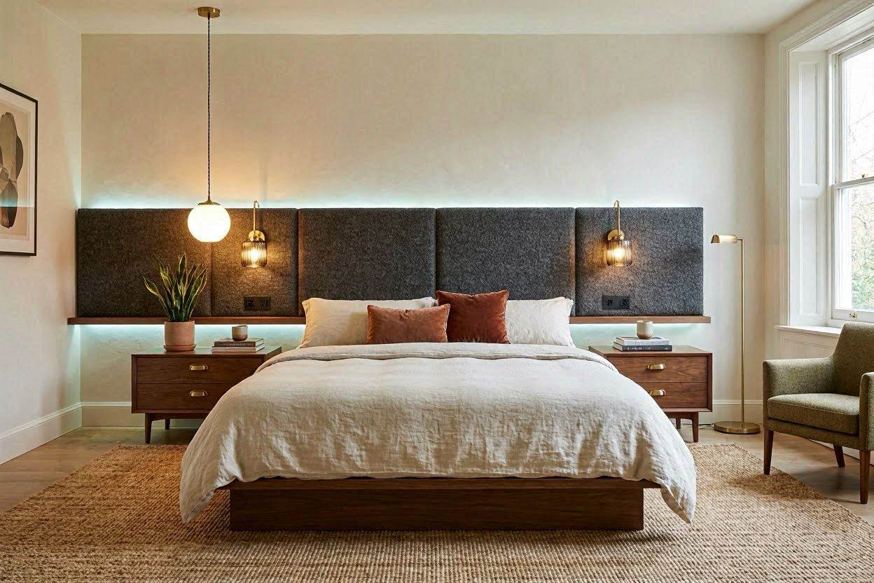 Botanical luxury bedroom with rattan pendants, natural wood, and flowers