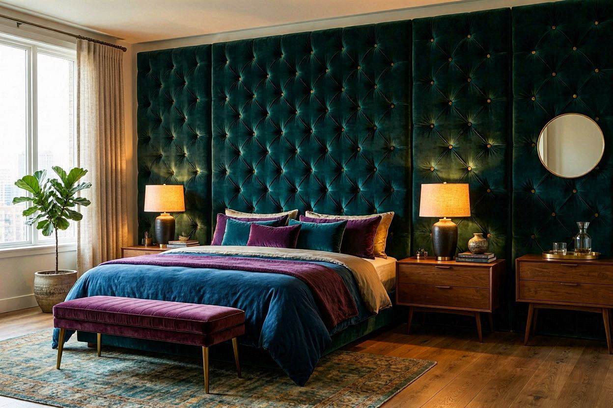 Luxury bedroom with custom-cut mirrored wall panels