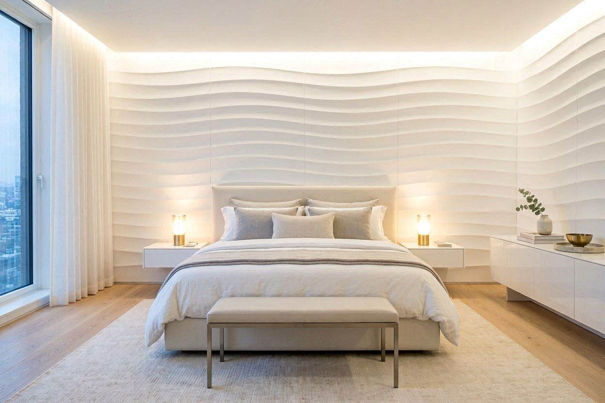 Sage green luxury bedroom with a deeply framed platform bed