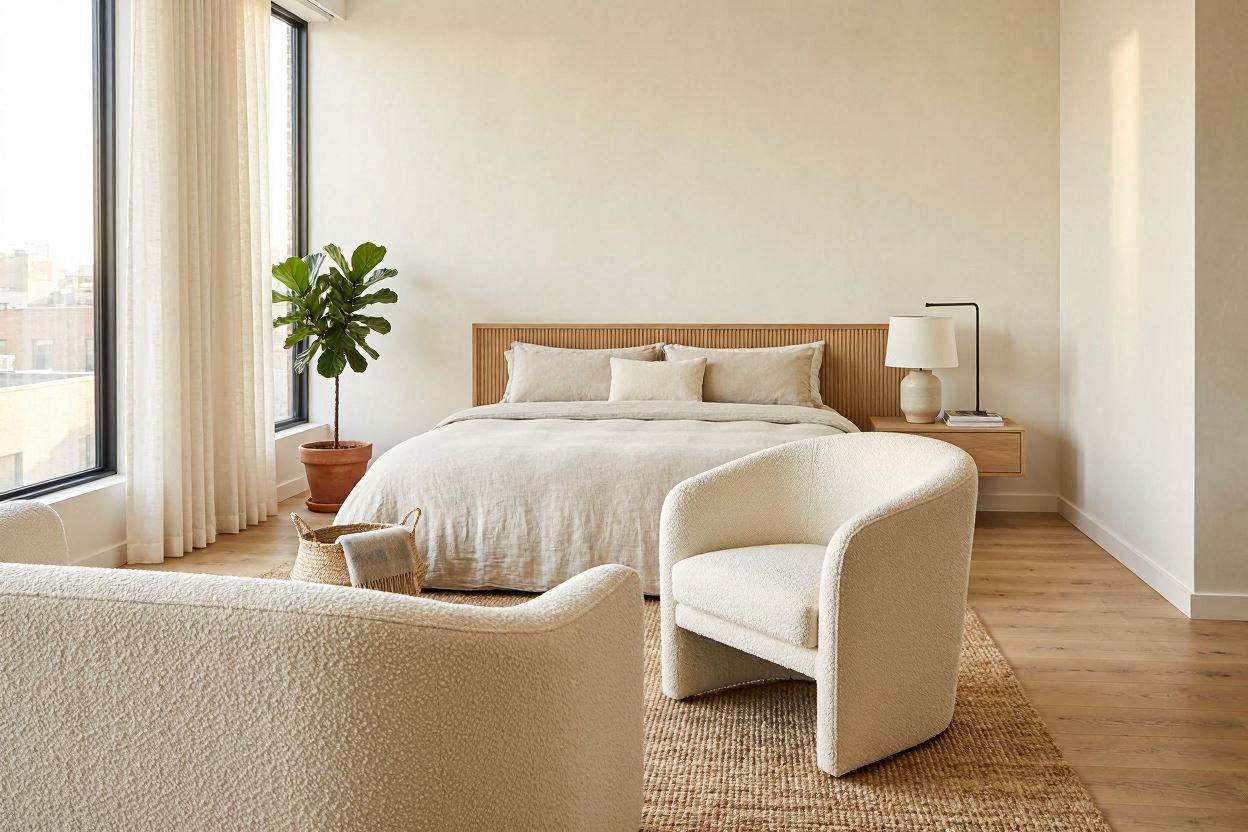 Luxury bedroom with a striking black and greige statement rug