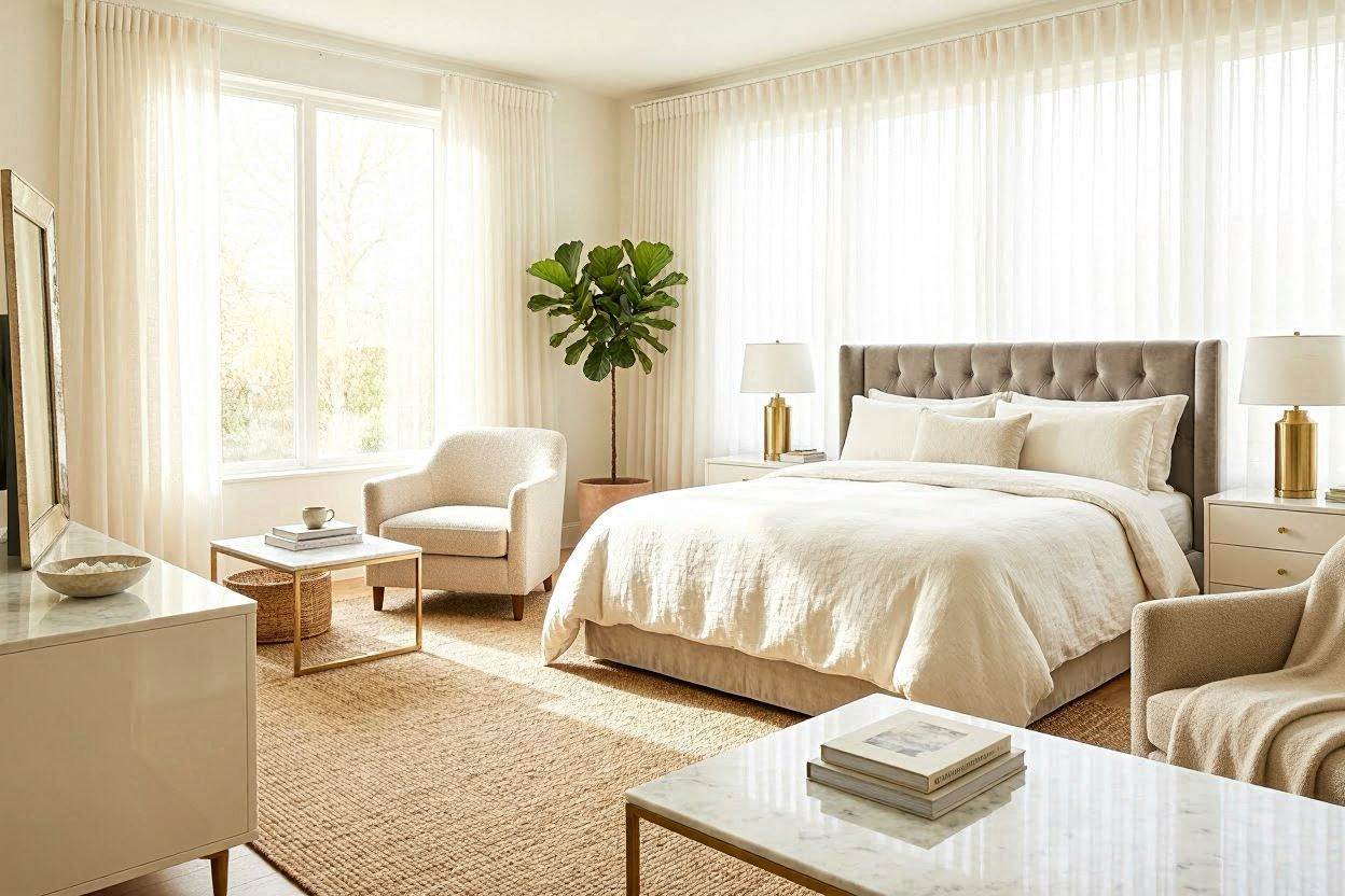 Rustic luxury bedroom with chunky wooden wall paneling and gray velvet bed
